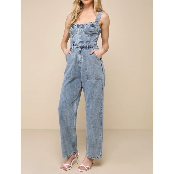 Lulus Pants - NWT Lulus Fresh Perfection Light Wash Bustier Sleeveless Denim Jumpsuit Large